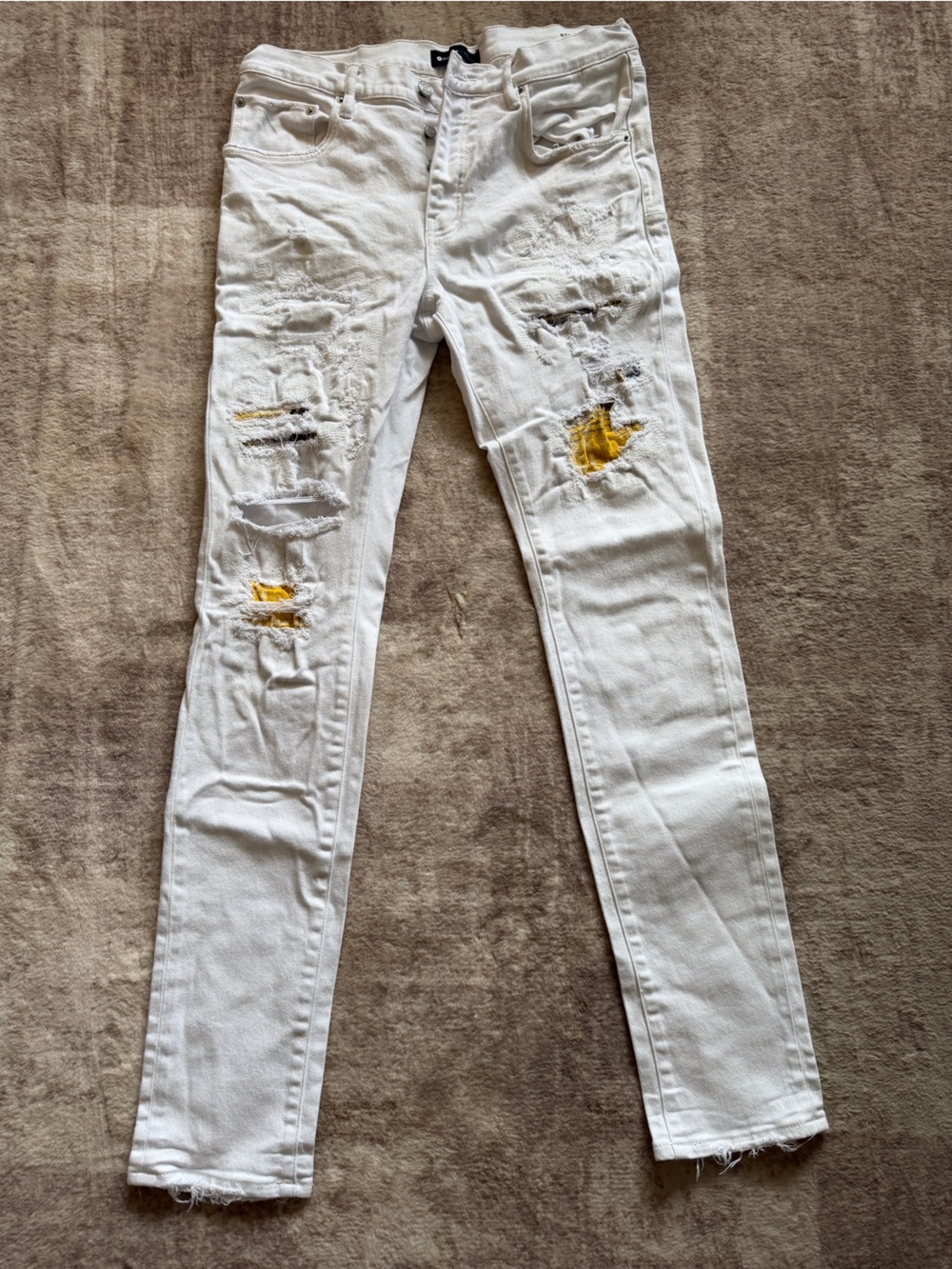 Purple Brand P001 White Distressed Patchwork Jeans Mens Size 34 Plaid Underlay